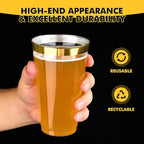 RACETOP 100 Pack 16oz Gold Rimmed Plastic Cups, Heavy Duty Disposable Glasses, Elegant Gold Rimmed Disposable Hard Cups for Party, Thanksgiving, Wine Taesting, Birthday and Christmas.