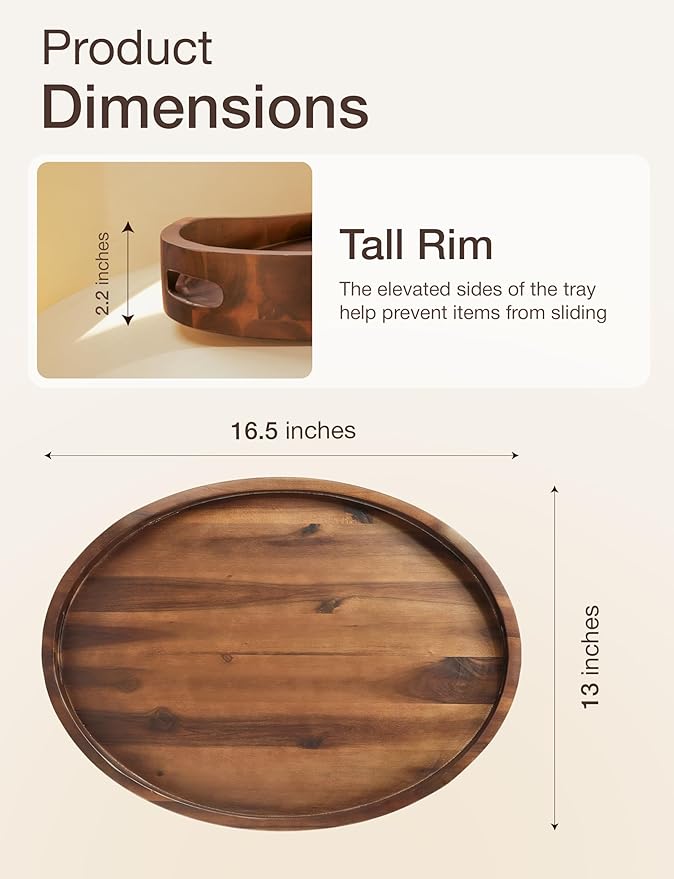 TIDITA Acacia Oval Wooden Serving Tray with Handless - 16.5" x 13" Ottoman Table Oval Wooden Tray - Round Serving Tray - Ottoman Tray for Living Room, Coffee Table Decor, Serving Platter, Walnut color