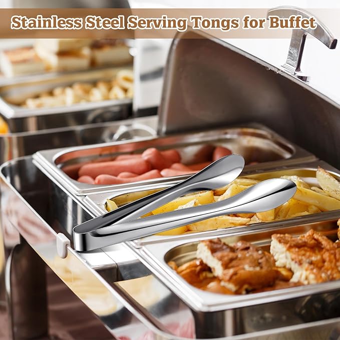 2 Pack Polished Stainless Steel Serving Tongs 9 Inch Metal Food Silver Tong for Buffet Salad BBQ Grilling Heavy Duty Kitchen Utensils for Cooking Catering Wedding Party