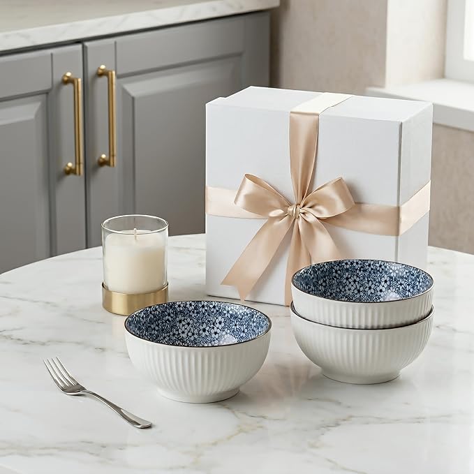 QINLANG Large Soup Bowls, Pho & Ramen Set of 3, 60 oz Blue & White Porcelain - Floral Pattern