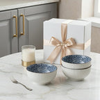QINLANG Large Soup Bowls, Pho & Ramen Set of 3, 60 oz Blue & White Porcelain - Floral Pattern