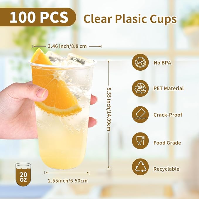 KesaPlan 100 Pcs 20 oz Clear Plastic Cups, Disposable Stemless Wine Glasses, Round Bottom Plastic Cocktails Cups, Crystal Disposable Cold Drinking Cup for Birthday Wedding Meeting Christmas Party
