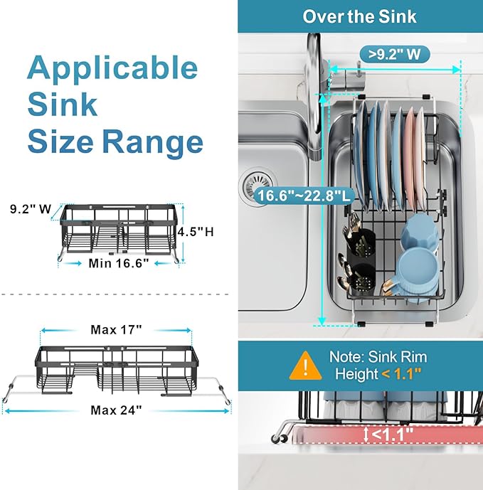 iSPECLE Small Sink Dish Drying Rack, Expandable Narrow Rust Resistant Dish Drainer for RV Apartment Kitchen, Dish Rack with Tightening Knob, Arms with Non Slip Rubber, 9.2" W x 16.6"-24" L, Black
