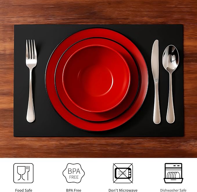 TP 12-Piece Melamine Dinnerware Sets, Plates and Bowls Dishes Set for 4, Break-Resistant & Non-Microwavable, Lightweight Dinner Plates, Matt Black and Red