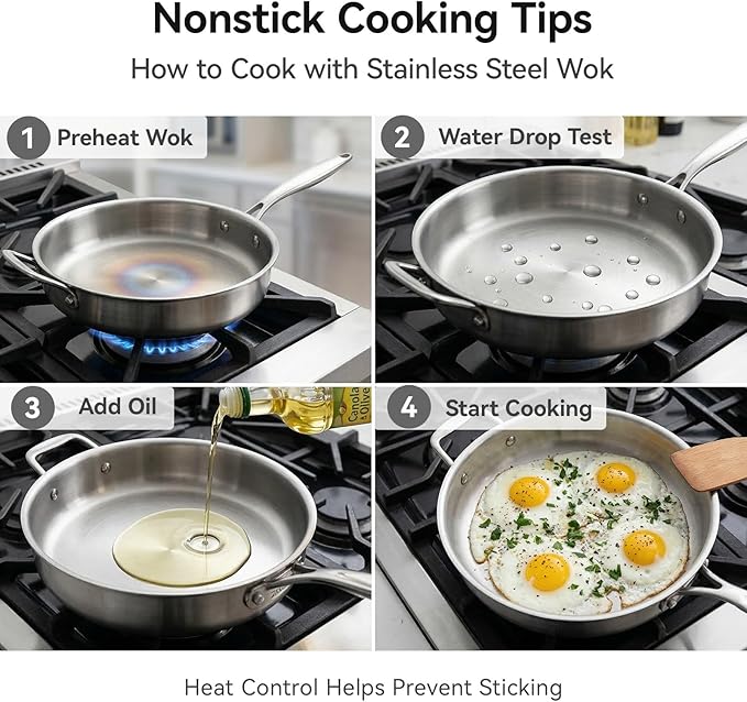 WANGYUANJI 11" Stainless Steel Saute Pan with Lid for 3-4 Servings, 4.7 QT Tri-Ply Deep Frying Pan & Extra Large Skillet, 18/10 (304) Induction Cookware, Oven Safe