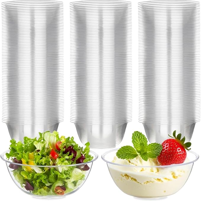 MOACOCK 100 Pack Small Clear Plastic Bowls, 12oz Hard Disposable Salad Bowls, Disposable Bowl for Party Serving, Ice Creams, Desserts, Catering, Special Events