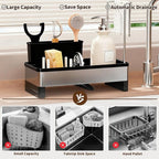 Sink Caddy, Stainless Steel Sink Caddy with Brush Holder, Kitchen Sink Caddy Dishcloth Rack and Holds Soap Dispenser, Sink Organizer Auto-Drain Rustproof Countertop Organizer (Black)