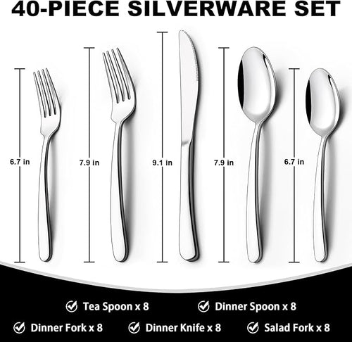 40-Piece Silverware Set with Organizer, EWFEN Heavy Duty Stainless Steel Flatware Set for 8, Food-Grade Tableware Cutlery Set, Utensil Sets for Home Restaurant, Mirror Finish, Dishwasher Safe