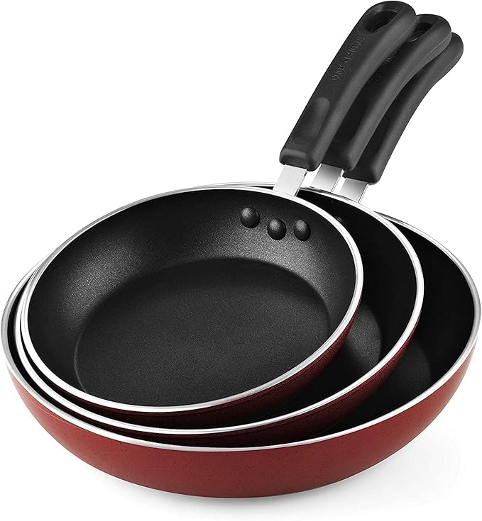 Cook N Home Nonstick Frying Pans Set 3 Piece, 8, 9.5, 11-Inch Kitchen Cooking Skillets Saute Fry Pan Induction Compatible, Marble Red