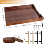SXNOWS Ottoman Tray, Large Wooden Serving Tray with 2 Sets of Handles for Coffee Table, Rustic Living Room Kitchen Decor, 4 Round Coasters Included, Dark Brown