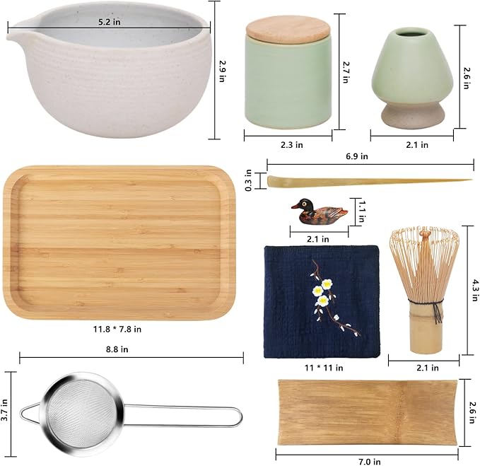 Artcome Japanese Matcha Tea Set, Matcha Bowl with Pouring Spout, Tea Tray, Bamboo Whisk, Ceramic Whisk Holder, Handmade Matcha Ceremony Kit For Japanese Tea Ceremony (10Pcs)