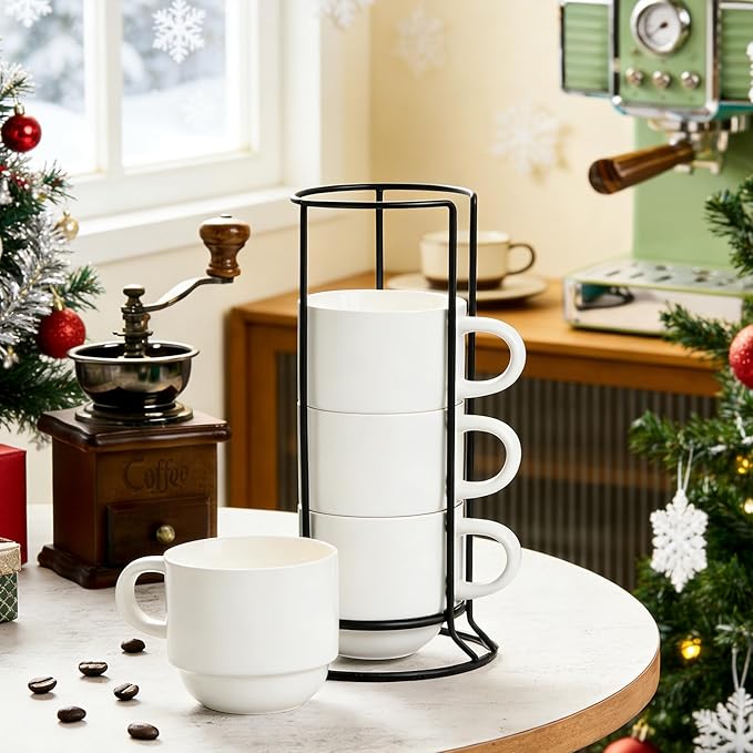 YHOSSEUN Porcelain Coffee Mug Set of 4, Stackable Coffee Mugs with Metal Stand & Spoons, 11 Oz Espresso Coffee Cups Mug Set for Americano, Chocolate Drinks, Milk, Tea, White