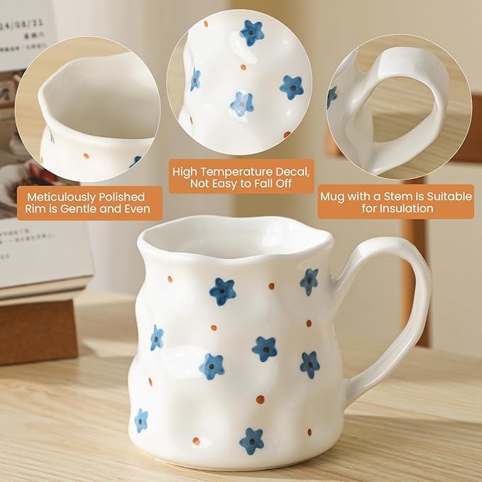 Ceramic Coffee Mug For Women,14 oz Cute Mug,Creative Star Large Tea Cup,Ceramic Mug,Hand-Painted Coffee Cup