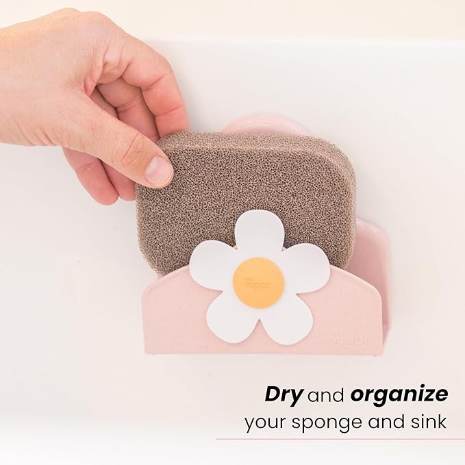 Vigar Florganic Daisy Sponge Holder for Kitchen Sink with Suction Cup and Sponge, Sink Caddy, Kitchen Organizers and Storage for Kitchen Sinks, Pink