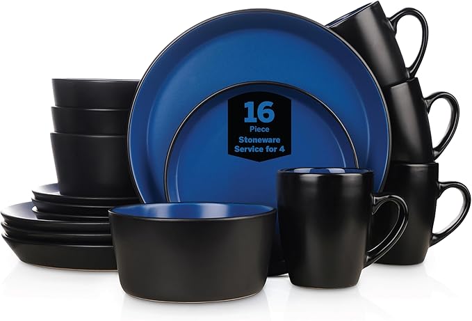 Stone Lain Albie Stoneware 16-Piece Modern Dinnerware Set, Kitchen Plates and Bowls Sets, Service for 4, Blue and Black, Microwave & Dishwasher Safe
