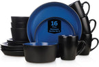 Stone Lain Albie Stoneware 16-Piece Modern Dinnerware Set, Kitchen Plates and Bowls Sets, Service for 4, Blue and Black, Microwave & Dishwasher Safe