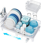 GSlife Expandable Dish Drying Rack with Drainboard, Compact Rustproof Dish Rack for Kitchen Counter, Ultra-Sturdy Space Saver with Cup Holder for Small Apartment,12.2" W x 12"-20.5" L, White