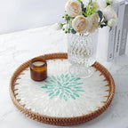 14" Large Rattan Serving Tray with Mother of Pearl, Round Coffee Table Tray Decor, Boho Decorative Hand-Woven Wicker Home Decor (Summer Green)