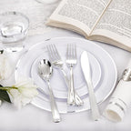 NOCCUR 700PCS Silver Plastic Plates Disposable for 100 Guests - Include 100 Dinner/Dessert White Plastic Plates with Silver Trim,300 Cutlery,100 Cups,100 Napkins for Party&Wedding