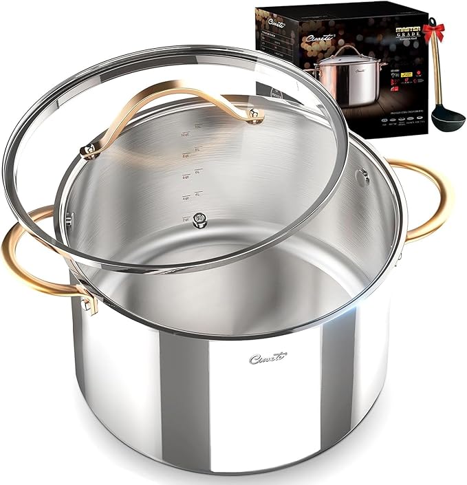 Stock Pot 12 Quart, 18/10 Tri-Ply Stainless Steel Whole Clad Stock Pot with Lid, Seamless 12 QT Cooking Pot with Copper Handle, Healthy Stockpots, Induction, Gas, Oven and Dishwasher Safe