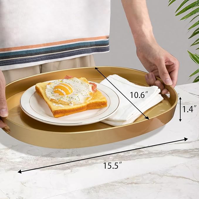 MAONAME Gold Decorative Tray, Oval Serving Tray with Handles, Plastic Trays for Coffee Table, Ottoman Trays for Living Room, Bathroom, 15.6" X 10.6" X 1.4"