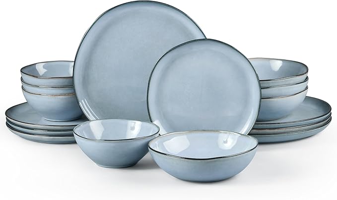 HaWare Plates and Bowls Set, Stoneware Dinnerware Sets, 16-Piece Hand-painted Dishware for 4, Ceramic Dish Set for Home Kitchen, Scratch Resistant, Microwave and Dishwasher Safe, Reactive Foggy Blue