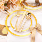 Liacere 350PCS Clear Gold Plastic Plates for 50 Guests Dinnerware Include 100 disposable Plates 150 Gold Silverware 50Napkins for Party & Wedding