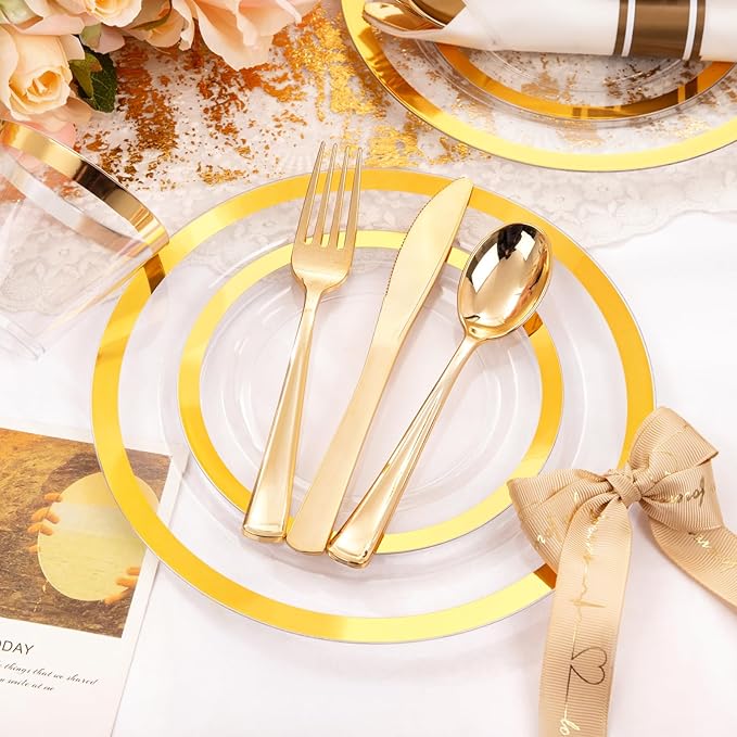 Liacere 350PCS Clear Gold Plastic Plates for 50 Guests Dinnerware Include 100 disposable Plates 150 Gold Silverware 50Napkins for Party & Wedding