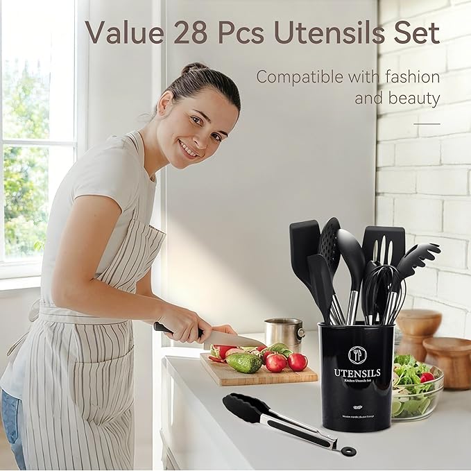 Silicone Cooking Utensils Set, 28 Pcs Kitchen Utensils Set 446°F Heat Resistant Spatula Set, Food Grade Silicone and Stainless Steel Handle Kitchen Gadgets for Nonstick Cookware BPA Free