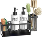 MASADI Kitchen Dish Soap Dispenser Set with Sponge Holder, 12OZ Glass Bottle, Hand and Dish Soap Dispenser Set, Non-Slip Silicone Pad, Brush Holder, Kitchen Sink Organizer Countertop (Black+White)