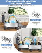 Dish Drying Rack, 304 Stainless Steel Expandable Dish Rack with Adjustable Drain Spout, Large Capacity Dish Drainer with Utensil Holder, Cup Holder and Cutting Board Rack for Kitchen Counter, Gray