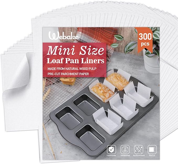 Webake 300pcs Unbleached Parchment Paper Mini Loaf Pan Liners Compatible with Wilton Mini Loaf Pan, Original Precut, Non Toxic Baking Papers for Banana Breads