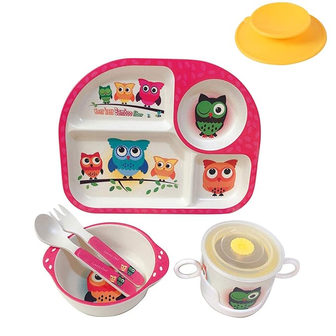 shopwithgreen 7Pcs/Set Bamboo Kids Dinnerware Set - Children Dishes - Food Plate Bowl Cup Spoon Fork Set Dishware, Cartoon Tableware, Dishwasher Safe Kids Healthy Mealtime, BPA Free