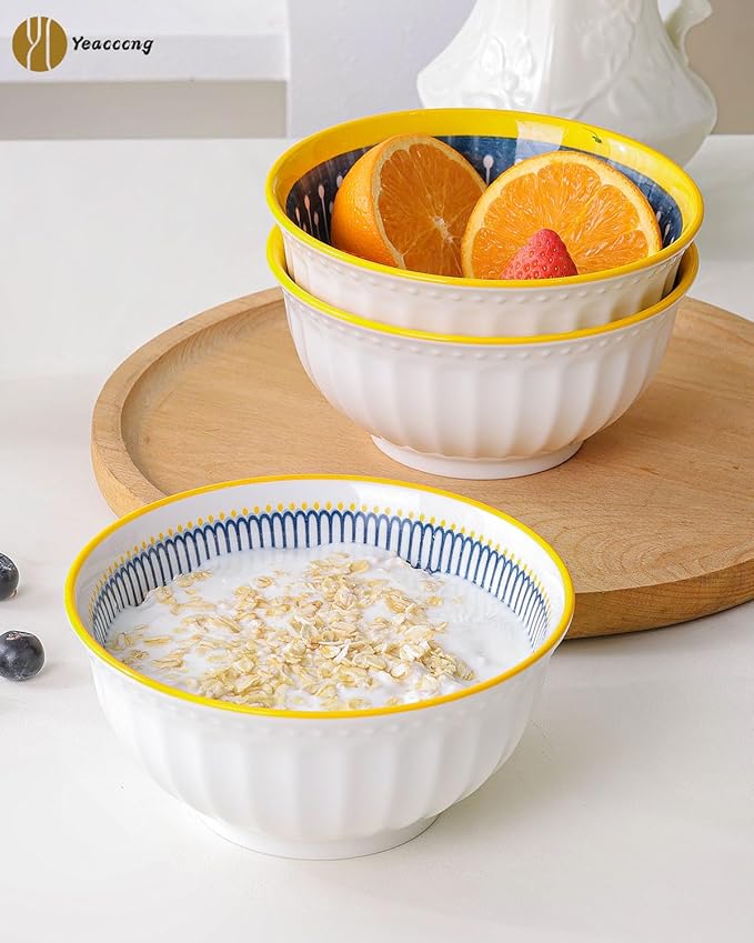 Yeacccng Bohemian Cereal Bowls Set of 4, 27 Oz Ribbed Exterior Ceramic Bowls, 6.14 Inch Lead-Free Scratch-Resistant for Soup/Cereal/Oatmeal/Pasta/Fruit, Dishwasher & Microwave Safe