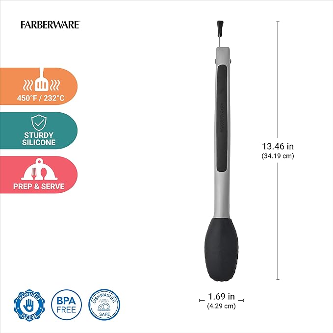 Farberware Silicone-Tipped Locking Kitchen Tongs – Heat Resistant, Nonstick Safe, Ergonomic Handle, Scalloped Tips, Durable and Dishwasher Safe, 12 Inch