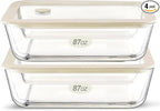 Urban Green Glass Food Container Set with Glass Lid, Large Meal Prep Container Set, Airtight Food Storage Containers with Air Vent Lid, 2 Pack, Large, 87oz, LeakProof, 100% Plastic Free, White color,