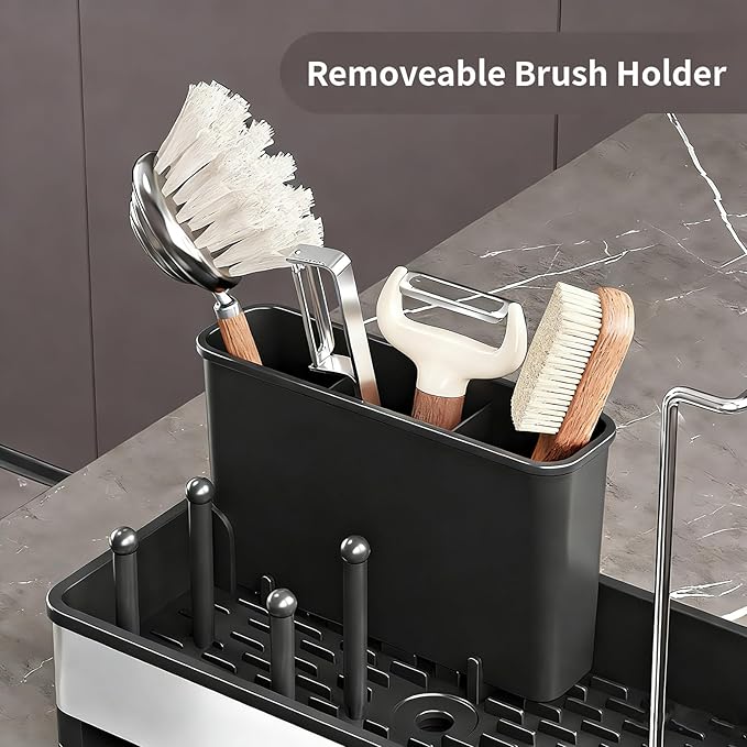Sink Caddy, Stainless Steel Sink Caddy with Brush Holder, Kitchen Sink Caddy Dishcloth Rack and Holds Soap Dispenser, Sink Organizer Auto-Drain Rustproof Countertop Organizer (Black)