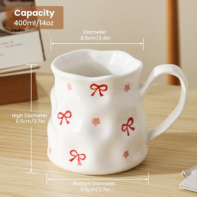 Ceramic Cute Coffee Mug,14 oz Pretty Mug,Unique Coffee Mug (Bows).Ceramic Mug For Women,Hand-Painted Coffee Cup
