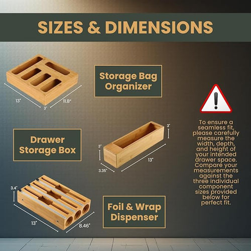 9-in-1 Bamboo Kitchen Drawer Organizer with Cutter – Storage Box for Foil, Plastic Wrap, and Bag Dispenser Compatible with Gallon, Quart, Sandwich & Snack Sizes