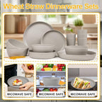 EI 24pcs Grey Wheat Straw Dinnerware Set of 6,Reuasble Unbreakable Dinner Plates,Wheat Plates and Bowls Sets for Camping,Picninc,Family Dinner