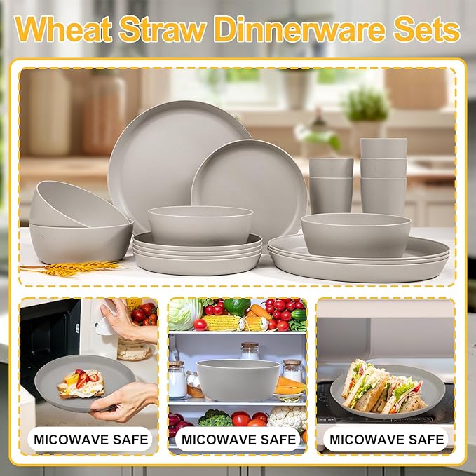 EI 24pcs Grey Wheat Straw Dinnerware Set of 6,Reuasble Unbreakable Dinner Plates,Wheat Plates and Bowls Sets for Camping,Picninc,Family Dinner