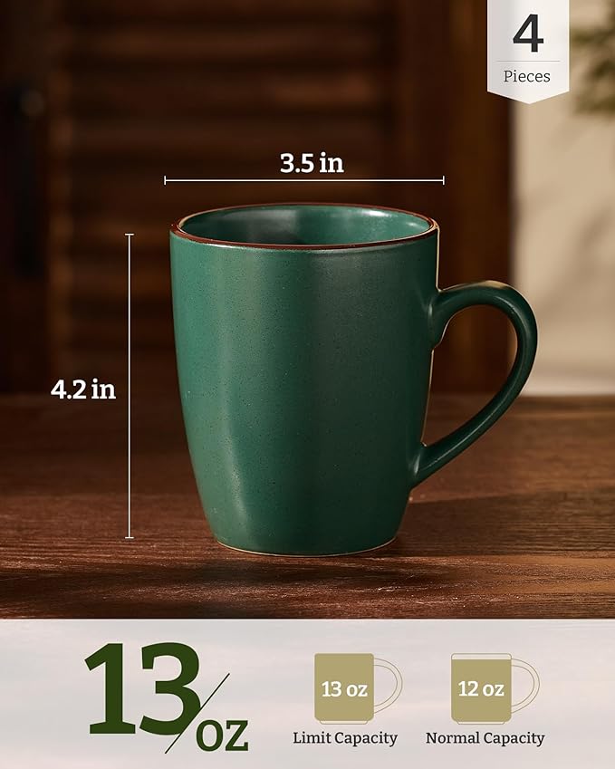 famiware Venus Coffee Mugs for 4, 12 oz Mug Set, Dringking Cup with Handle for Coffee, Tea, Cocoa, Milk, Dark Green