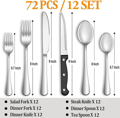 72 Pcs Silverware Set with Steak Knives Service for 12,Stainless Steel Flatware Set,Mirror Polished Cutlery Utensil Set,Home Kitchen Eating Tableware Set,Include Fork Knife Spoon Set,Dishwasher Safe