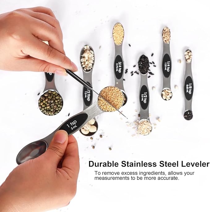 Magnetic Measuring Spoons Set with Leveler, Stackable Stainless Steel Tablespoons for Baking, Fits in Spice Jars