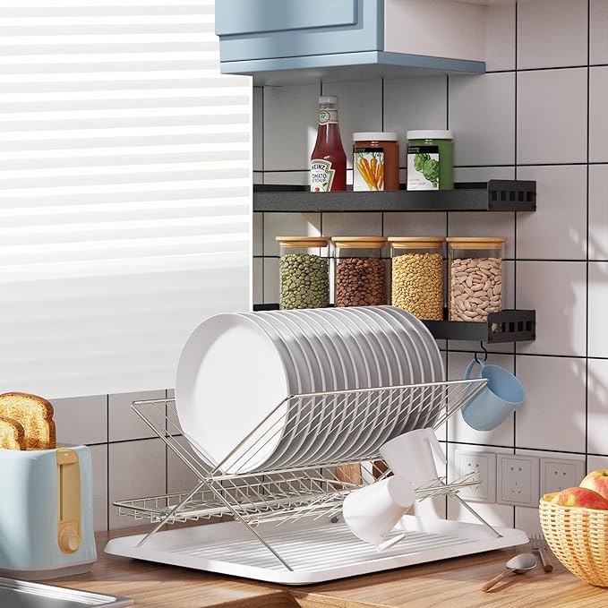 Collapsible Dish Drying Rack Space Saving Foldable Drying Rack Dishes,Stainless Steel(304) Dish Racks for Kitchen Counter,Campact Kitchen Metal 2-Tier Large