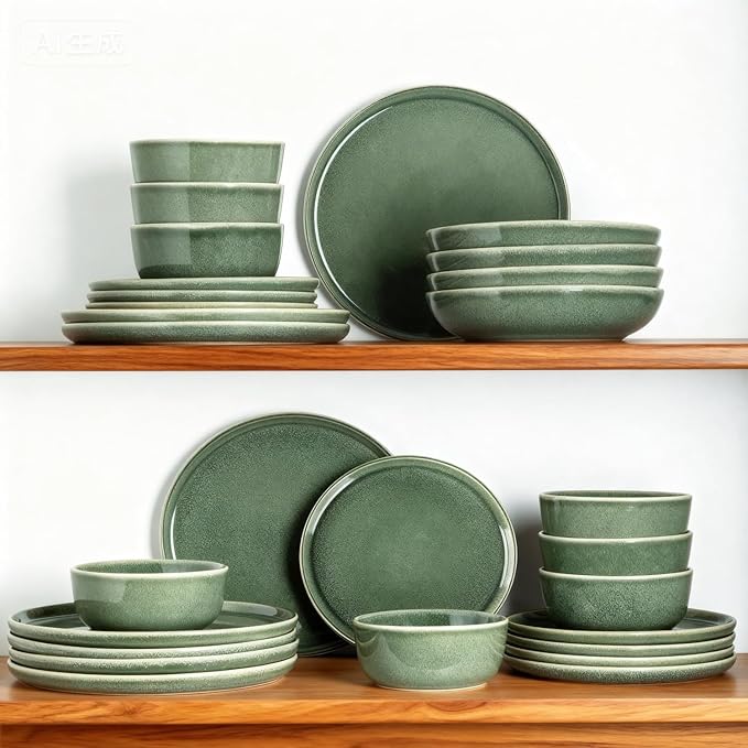 AmorArc Stoneware Dinnerware Sets,Round Reactive Glaze Ceramic Plates and Bowls Sets,Highly Scrath Resistant | Dishwasher & Microwave Safe,Service for 8 Dishes Set (24pc)