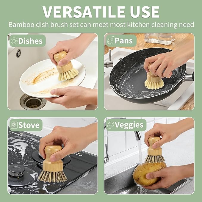 DEBETOOL 6 Pack Bamboo Dish Brush Set with Palm and Sisal Bristles, Natural Dish Scrubber for Fruit & Vegetables Cleaning, Kitchen Scrub Brush for Cast Iron Pots, Pans, Dishes