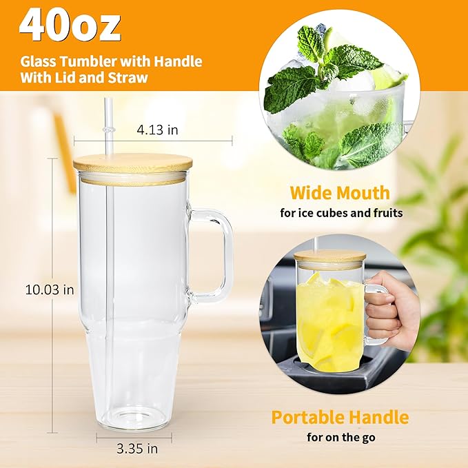 40 oz Glass Tumbler with Handle 12 Pack Glass Tumbler with Straw and Lid Clear Reusable Iced Coffee Cup, Fits Car Cup Holder, BPA Free, for Boba Tea, Juice, Smoothie, Beer