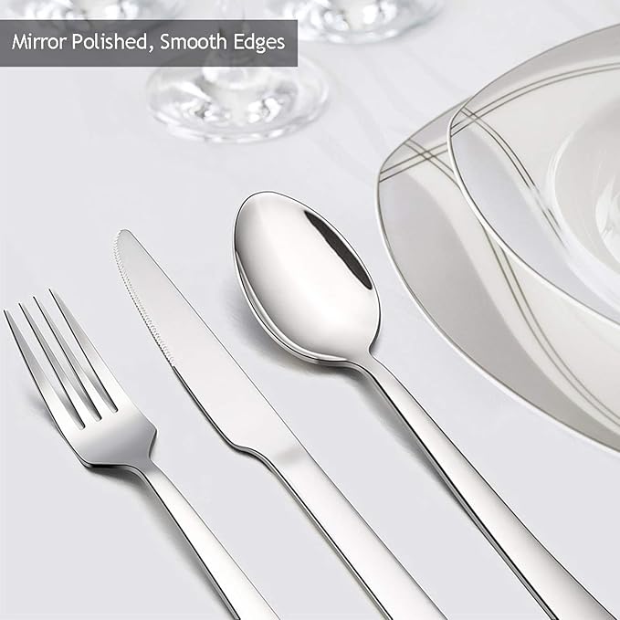 30-Piece Silverware Set, E-far Stainless Steel Flatware Set Service for 6, Modern Tableware Cutlery Set for Home and Restaurant, Square Edge & Mirror Finish, Dishwasher Safe