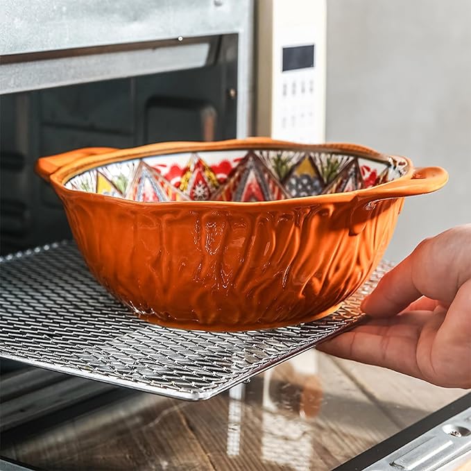 2 Pack Boho Ceramic Serving Bowls with Handles, 40 Oz Porcelain Salad Bowls, Large Serving Dishes for Entertaining, Mixing Bowls for Soup, Stew, Pasta, Cereal, Colorful Embossed Cute Bowls Set ALDS